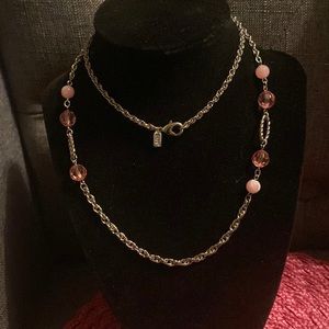 1928 brand - long silver tone chain with pink beads